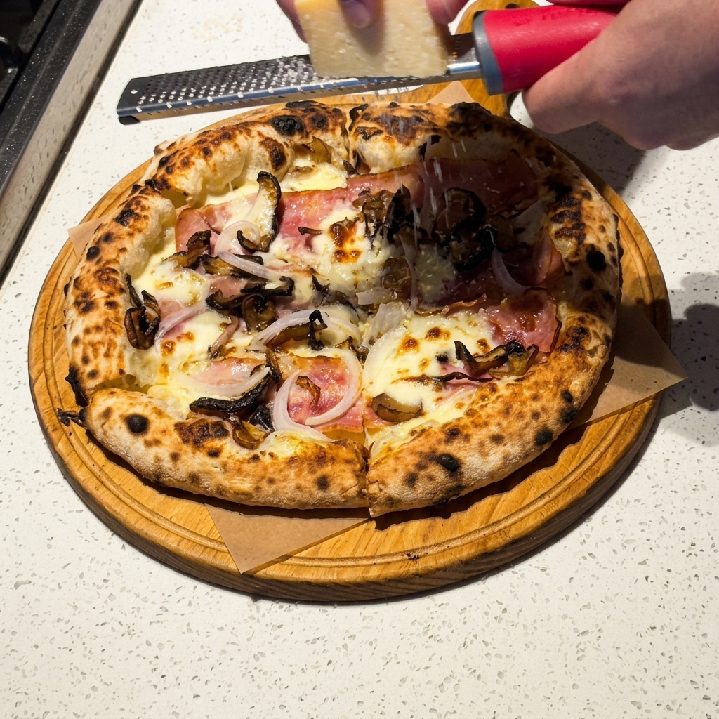 Dłonie używające tarki z czerwoną rączką do ścierania świeżego parmezanu nad upieczoną pizzą carbonara.