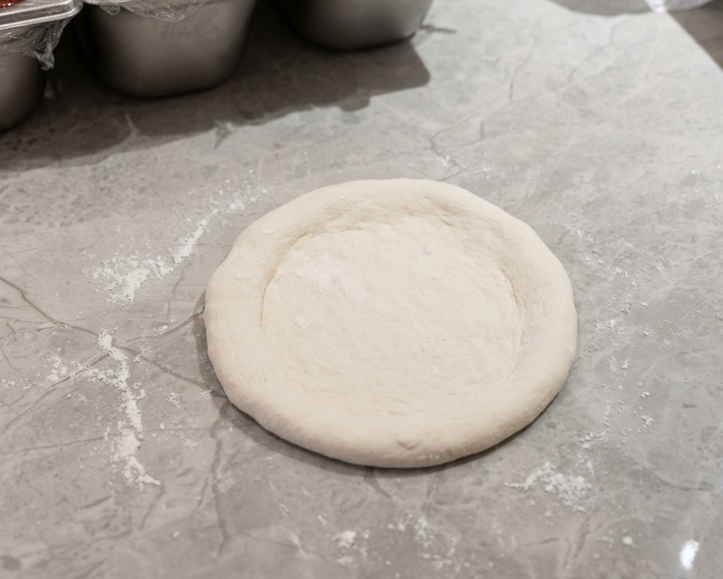 Okrągły kawałek rozciągniętego ciasta na pizzę na oprószonym mąką blacie.