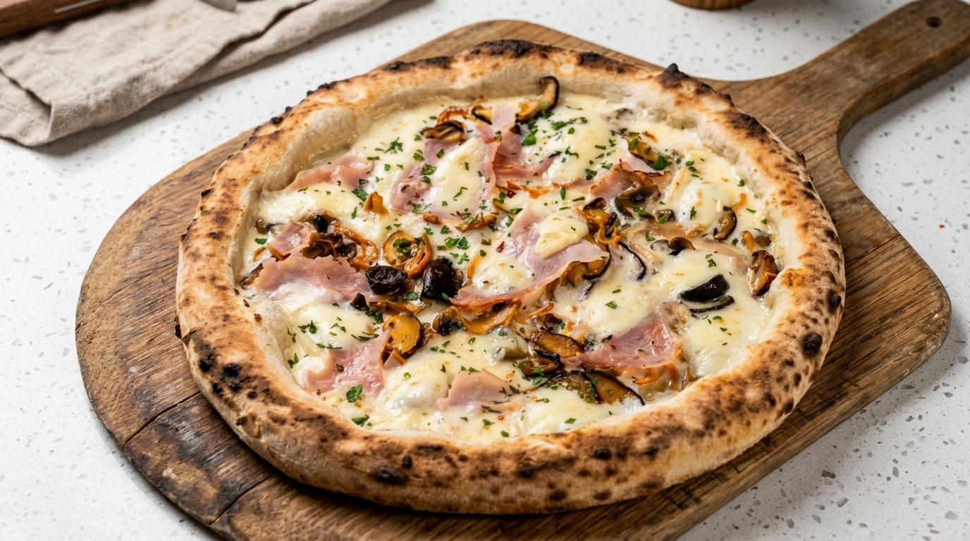Świeżo upieczona pizza z szynką i grzybami na białym sosie, udekorowana świeżą natką pietruszki.