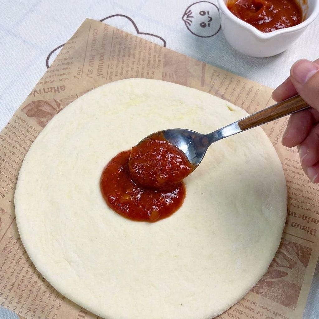 Metalowa łyżka rozprowadzająca warstwę czerwonego sosu na okrągłym spodzie pizzy na papierze do pieczenia.