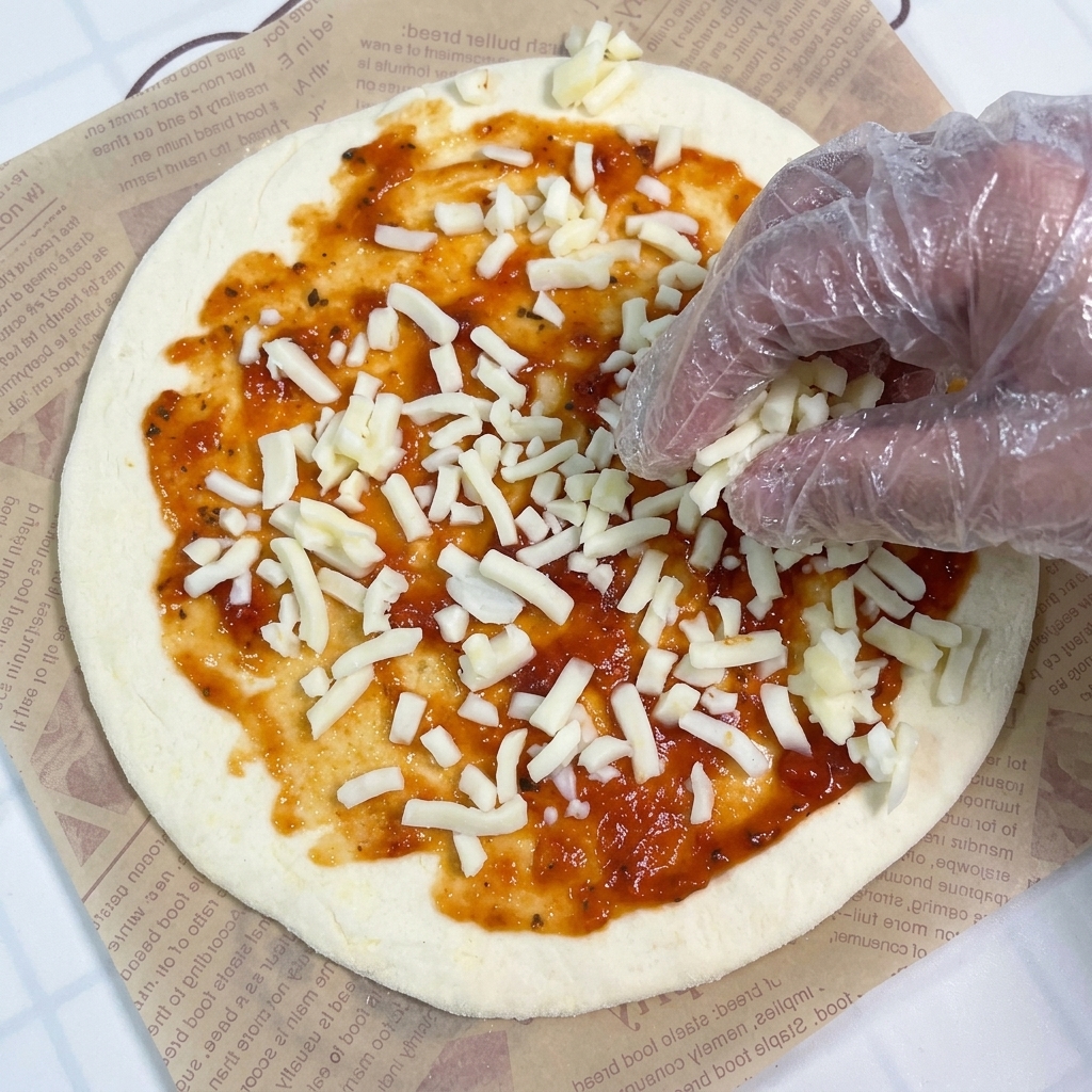 Ręka posypująca tartą mozzarellą spód pizzy pokryty czerwonym sosem pomidorowym.