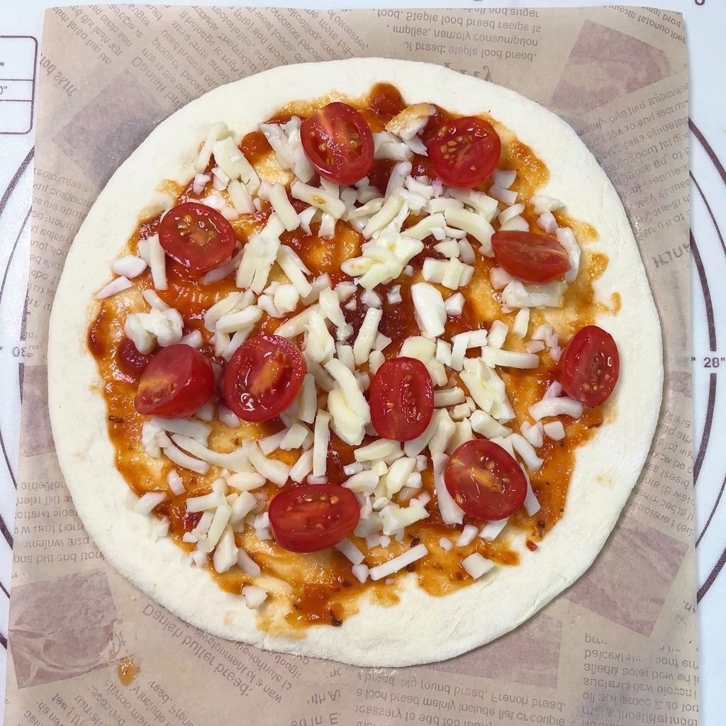 Okrągły spód pizzy z sosem, serem i starannie ułożonymi połówkami pomidorków koktajlowych.