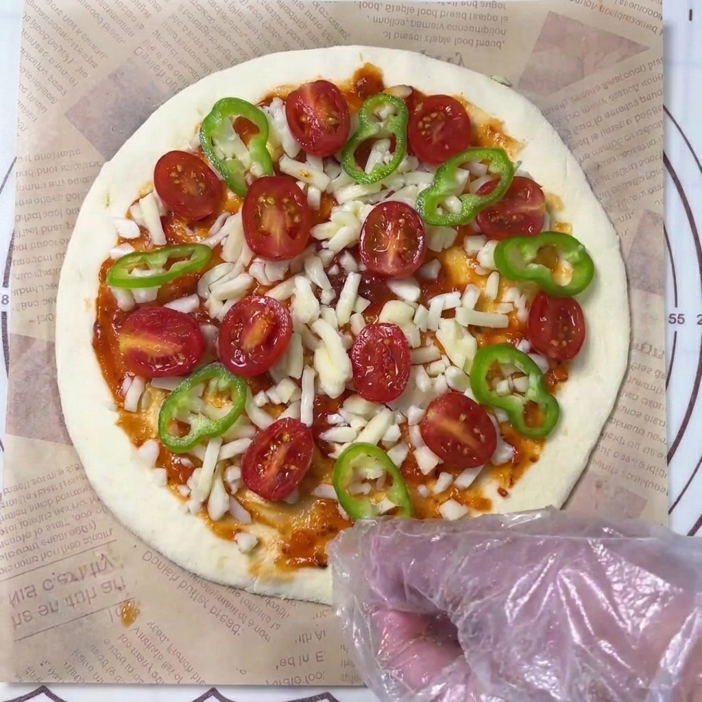 Ręka kładąca plasterki zielonej papryki na pizzę z serem i pomidorkami.