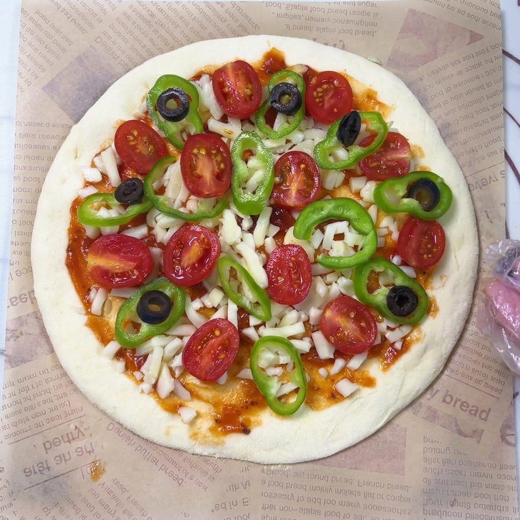 Surowa pizza z sosem, serem, pomidorkami, papryką i plasterkami czarnych oliwek.