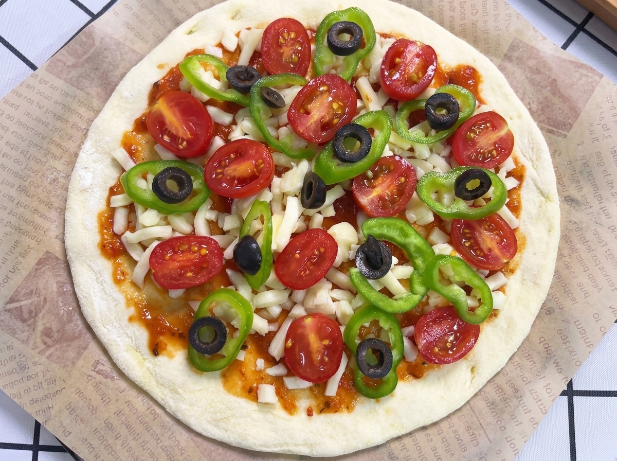 Widok z góry na surową pizzę z dodatkami leżącą na papierze do pieczenia gotową do włożenia do pieca.