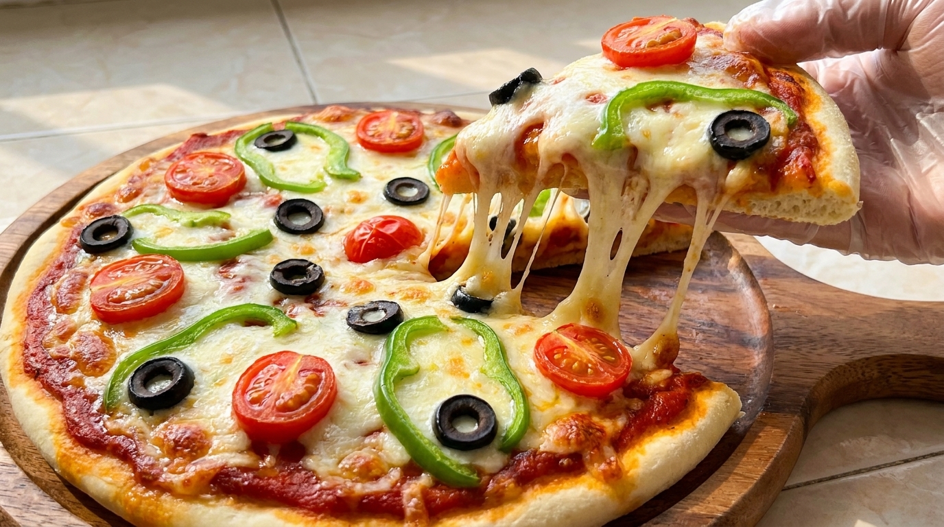 Domowa pizza z pomidorkami i czarnymi oliwkami