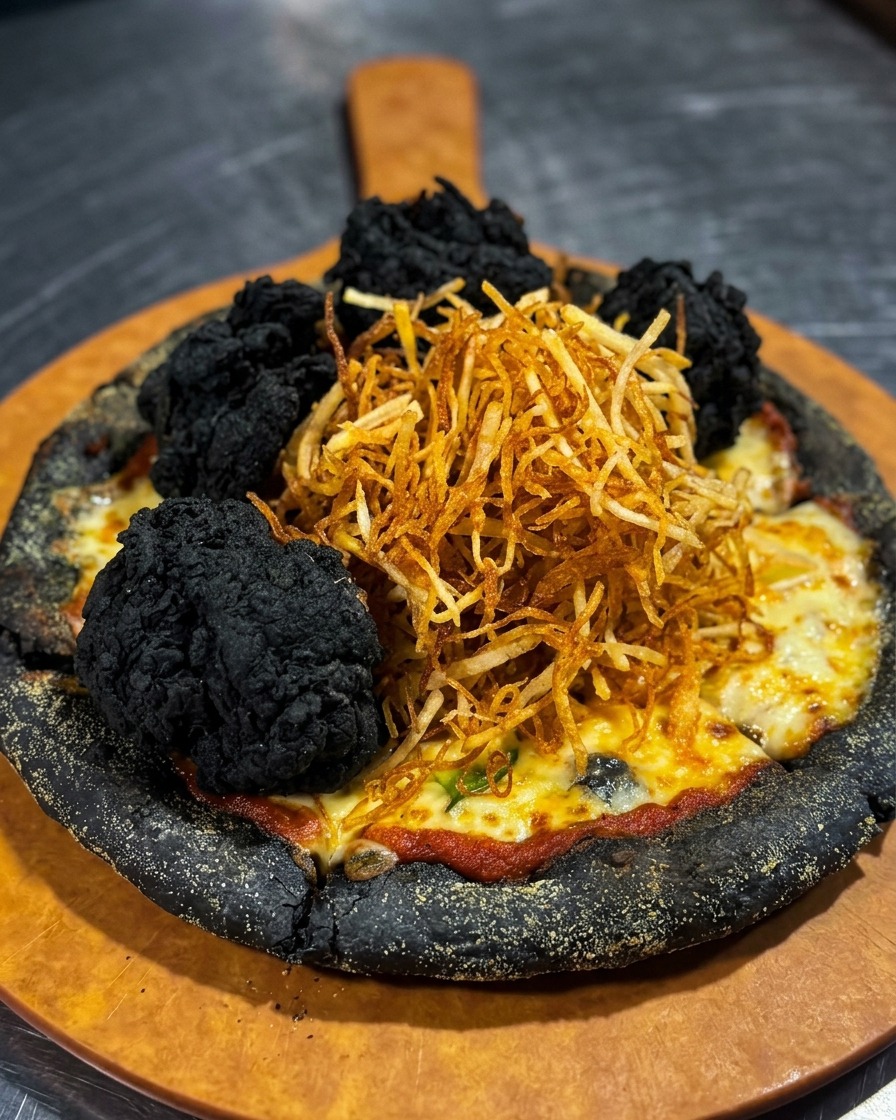 Upieczona czarna pizza z serem, z wysokim kopcem złotych frytek otoczonym kawałkami czarnego kurczaka.