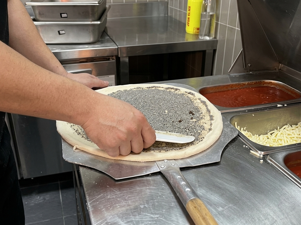 Dłonie rozprowadzające ciemny sos truflowy na surowym cieście do pizzy na stalowym blacie.