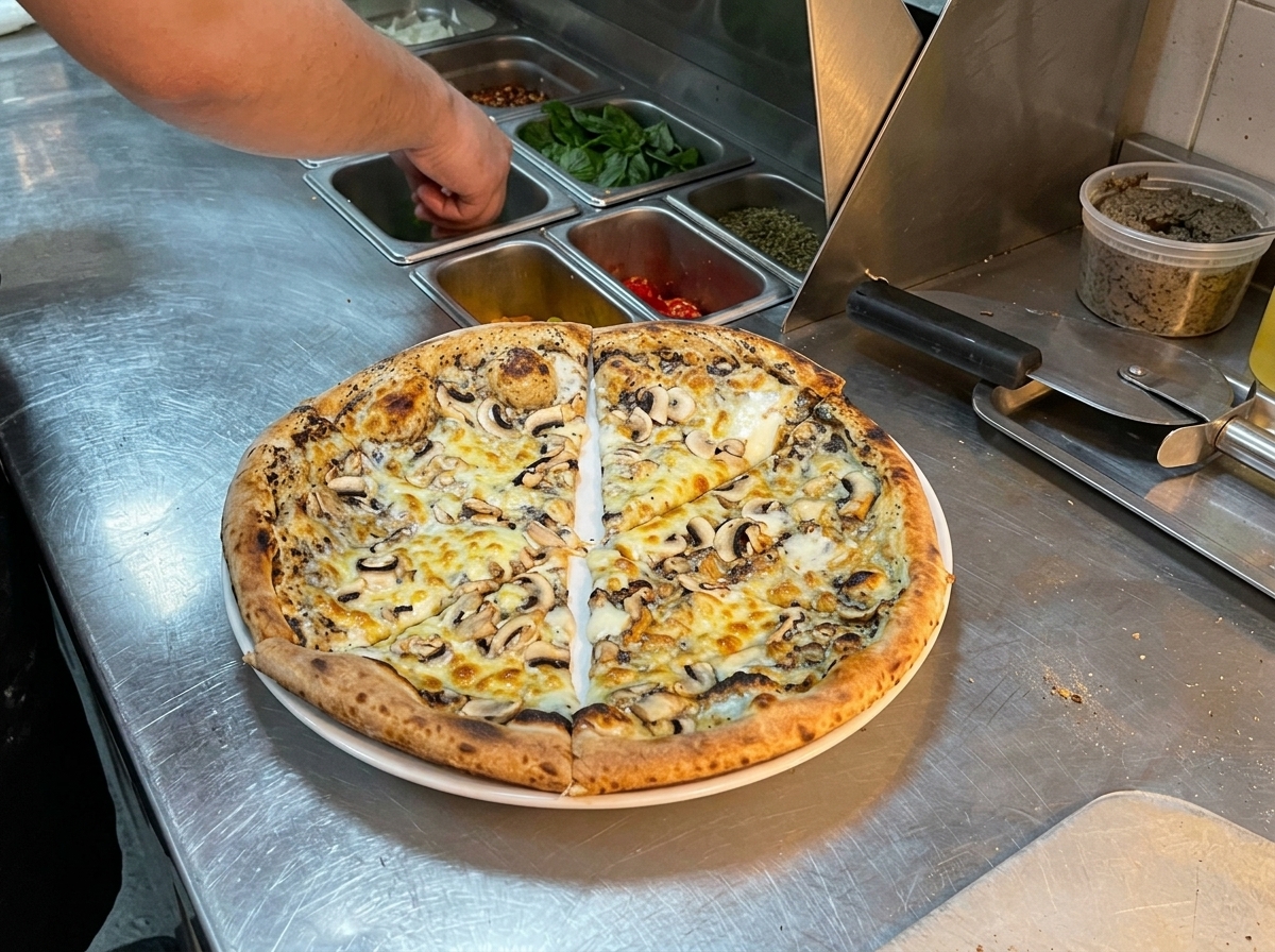 Upieczona i pokrojona pizza truflowa na metalowym blacie, kucharz sięga po liście świeżej bazylii do dekoracji.