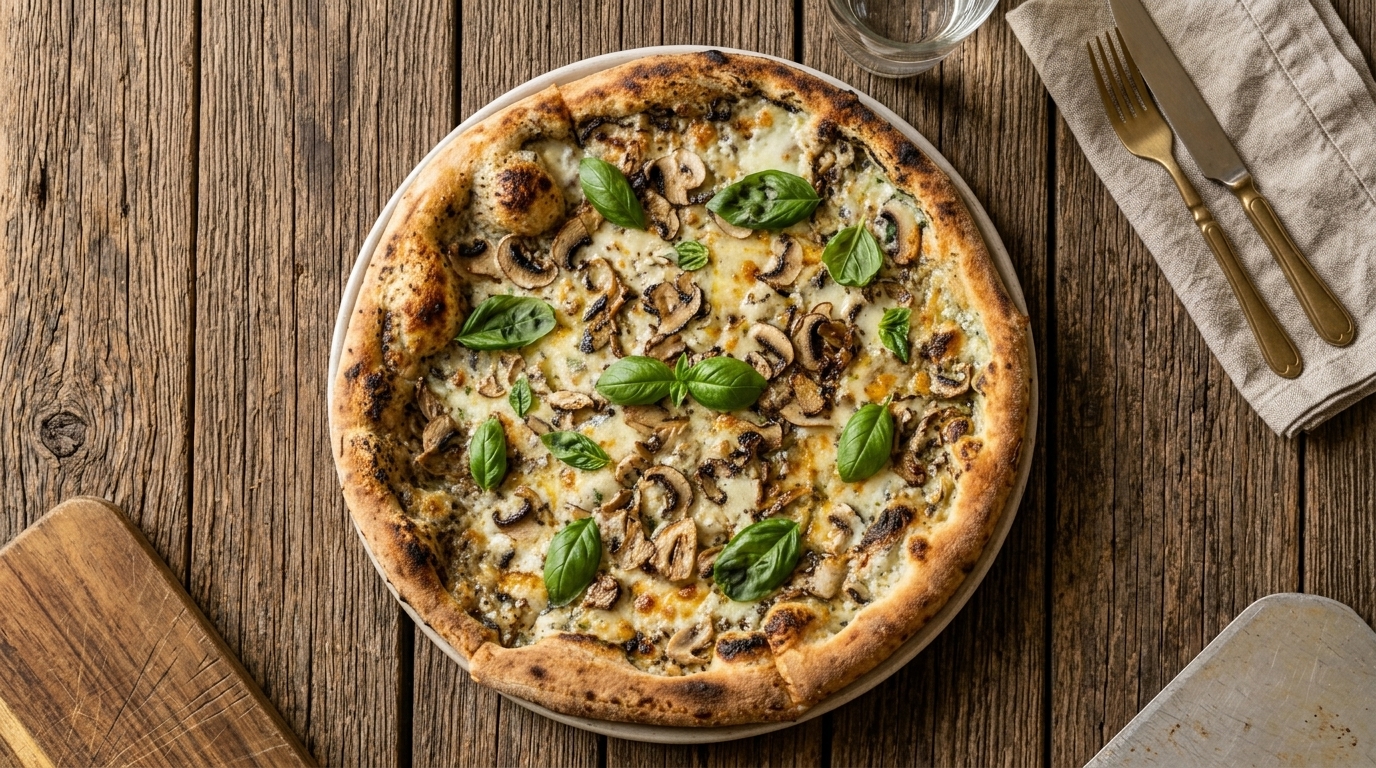 Pizza z czarną truflą, grzybami i domowym beszamelem