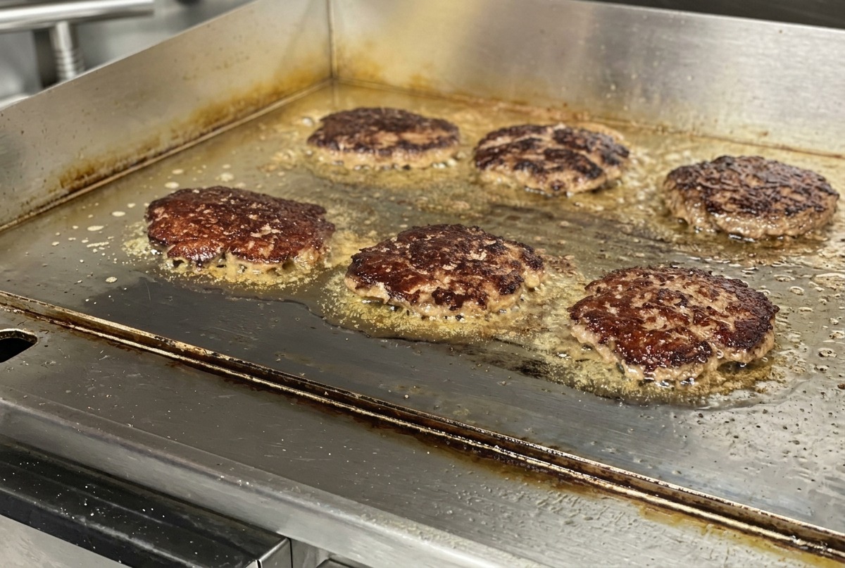 Kilka burgerów odwróconych na drugą stronę, prezentujących ciemnobrązową, chrupiącą skórkę smażącą się we własnym tłuszczu.