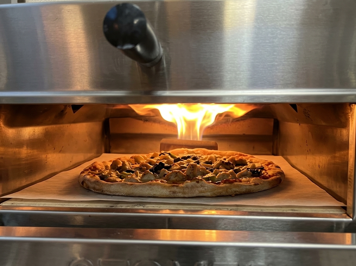 Pizza ze szpinakiem piekąca się w wysokiej temperaturze w piecu z widocznymi płomieniami.