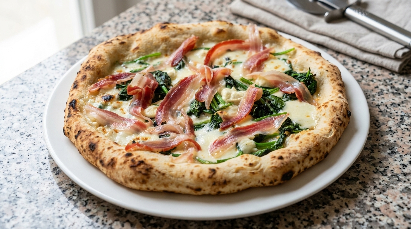 Świeżo upieczona pizza rzemieślnicza z czosnkowym szpinakiem, roztopionym serem i delikatnymi wstążkami boczku pancetta.