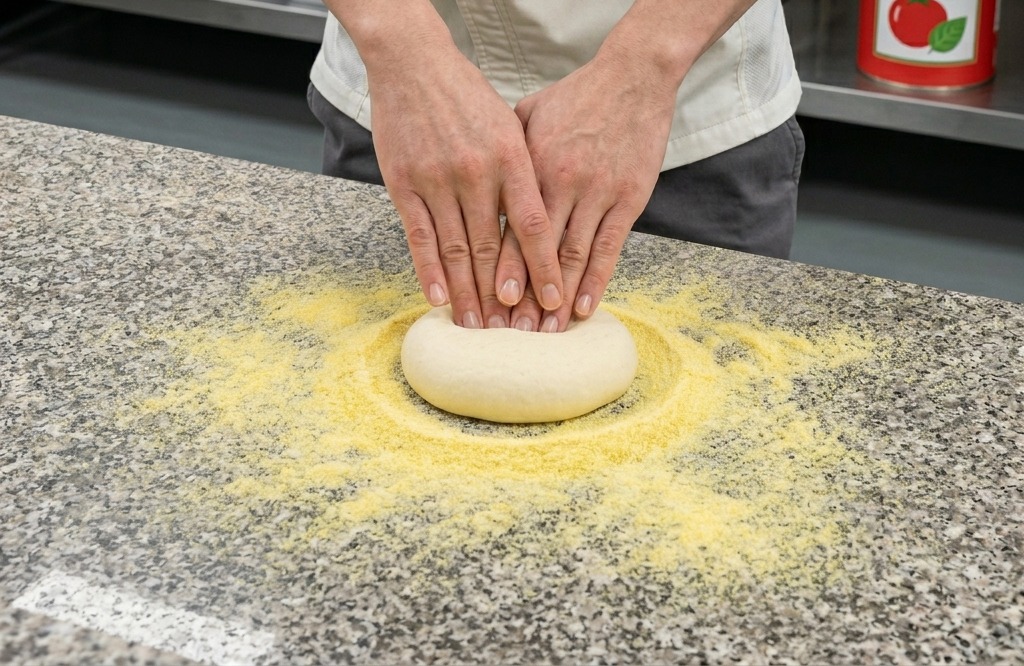 Dłonie kucharza formujące okrągłe ciasto na pizzę na blacie posypanym mąką kukurydzianą.