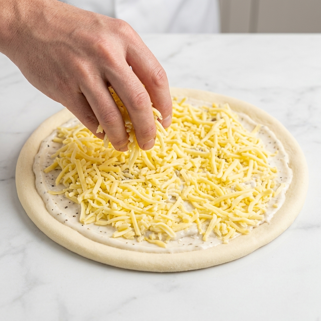 Ręka posypująca tartą mozzarellą spód pizzy pokryty białym kremowym sosem.