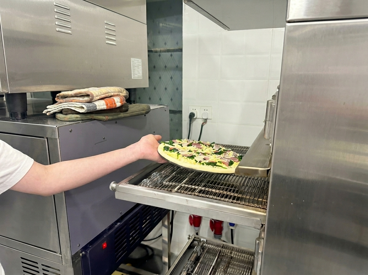 Ramię wkładające pizzę na metalowy pas transmisyjny pieca przemysłowego.