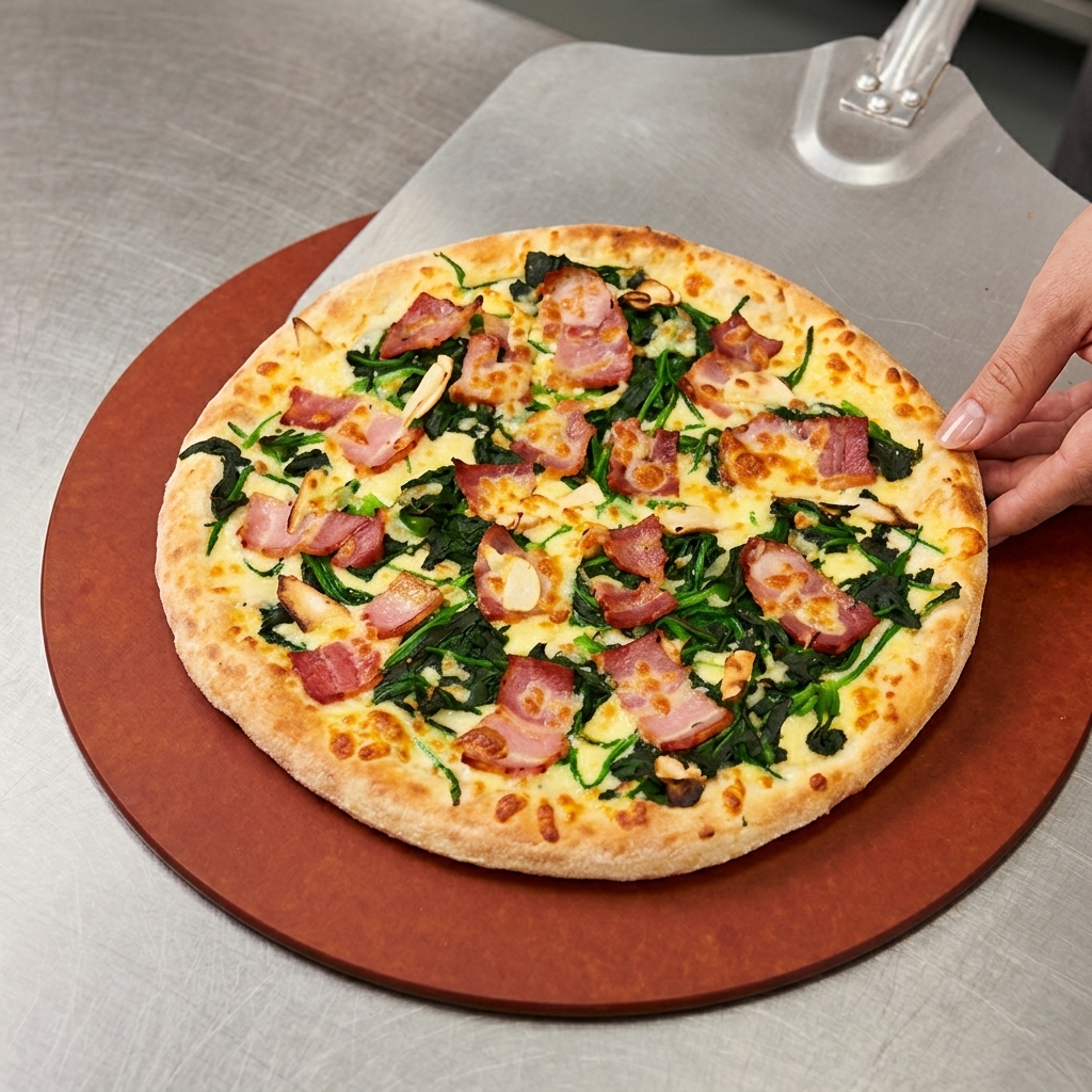Upieczona pizza ze złotymi brzegami wyjmowana z pieca za pomocą metalowej łopaty.