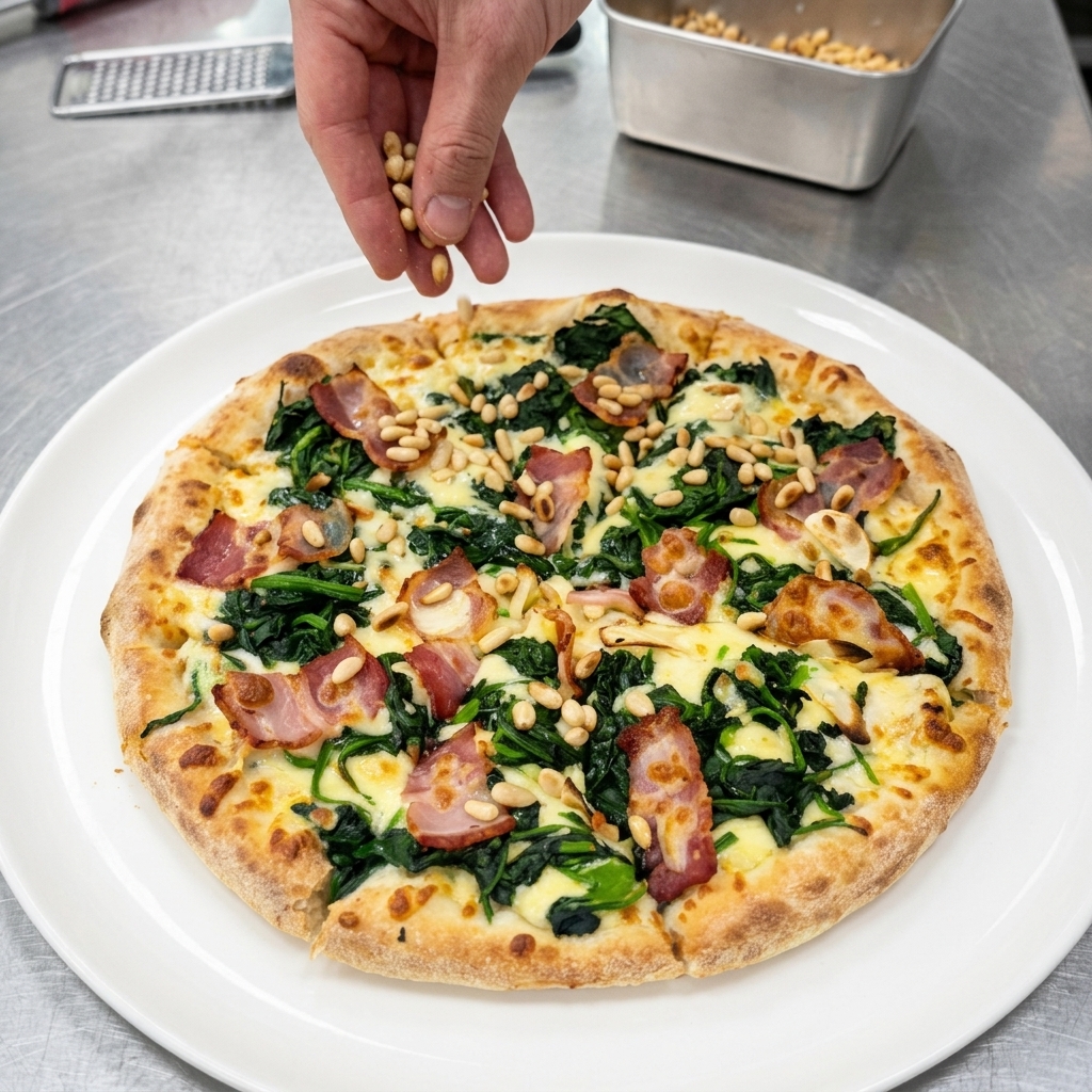 Ręka posypująca pokrojoną pizzę złocistymi, uprażonymi orzeszkami piniowymi.