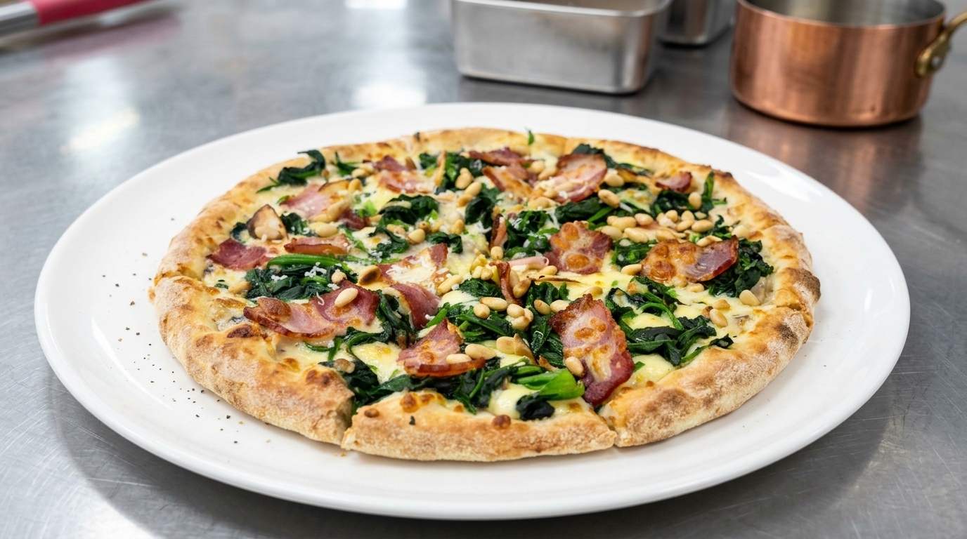Kremowa pizza ze szpinakiem i boczkiem
