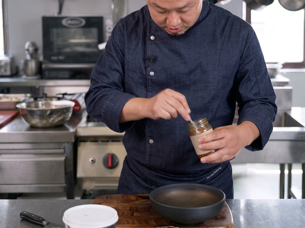 Szef kuchni nakładający łyżkę gęstej pasty Tom Yum ze słoika do ciemnej ceramicznej miski.