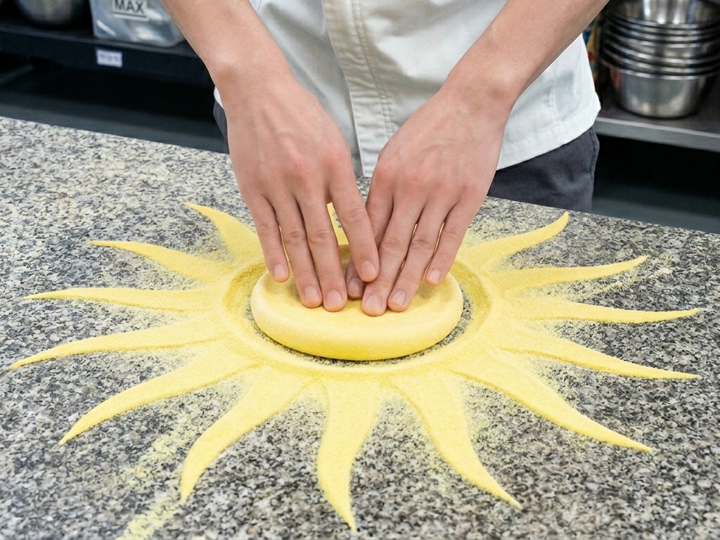Dłonie kucharza formujące okrągły placek ciasta na pizzę na blacie posypanym mąką.