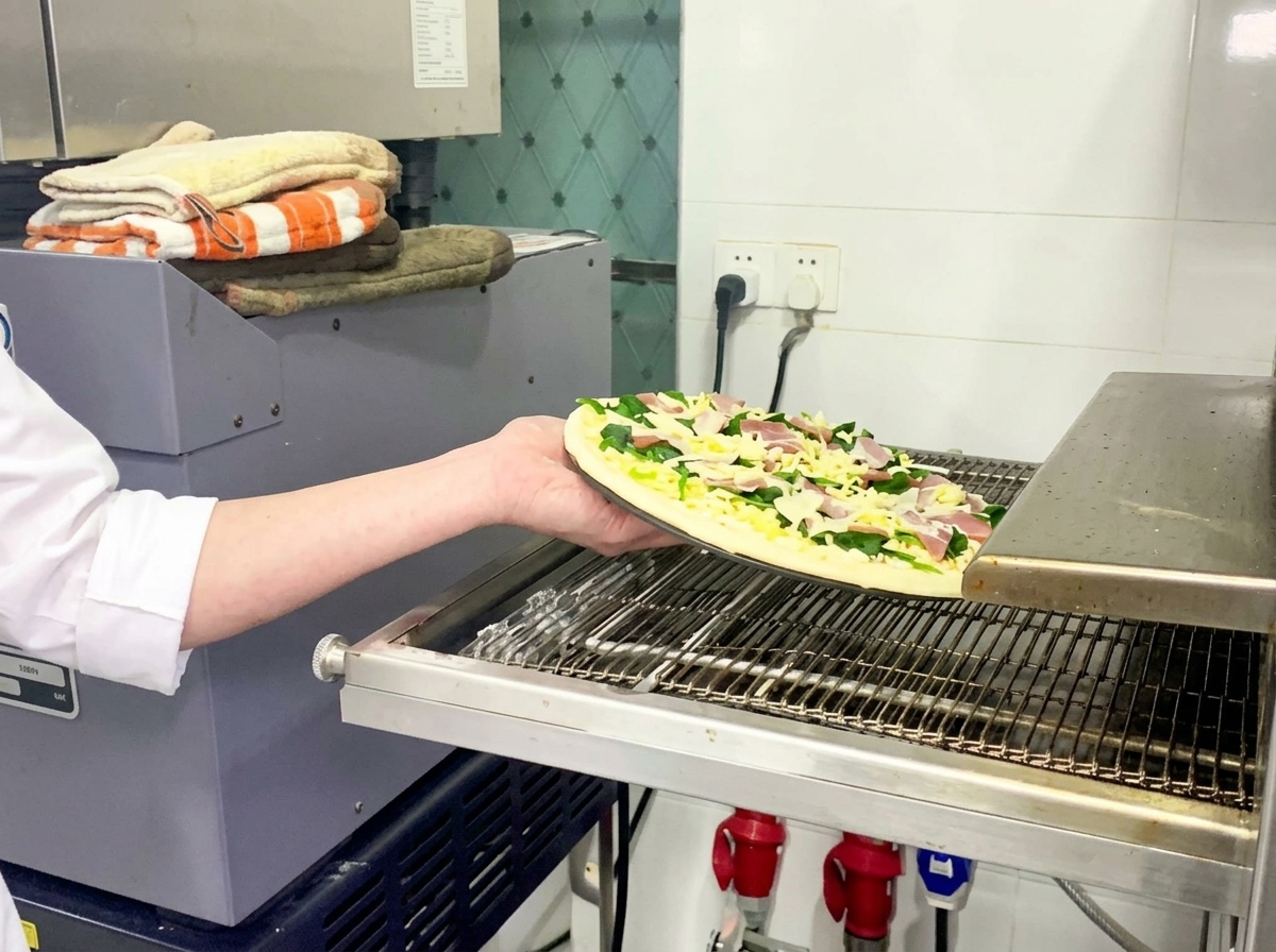 Wkładanie surowej pizzy ze szpinakiem i boczkiem do profesjonalnego pieca taśmowego.
