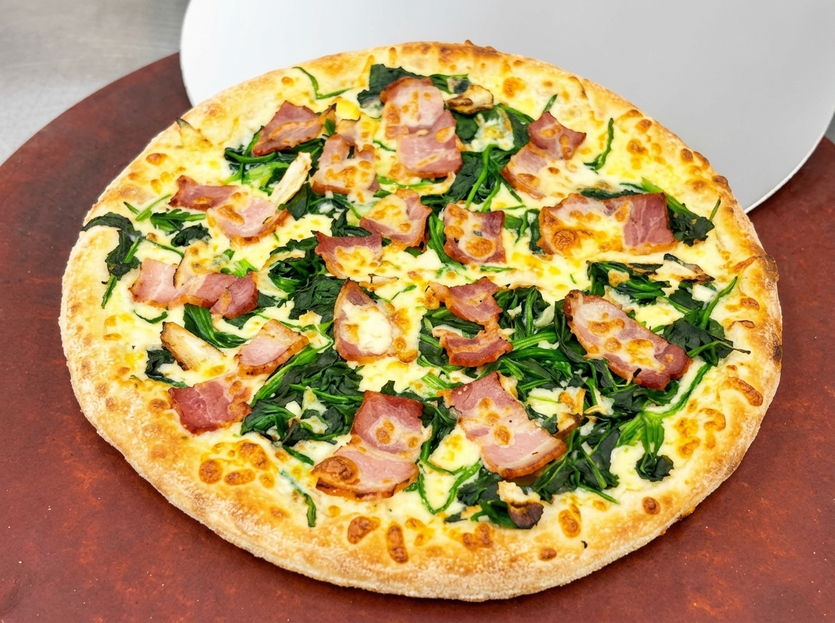 Upieczona pizza z rumianymi brzegami i stopionym serem spoczywająca na łopacie do pizzy.