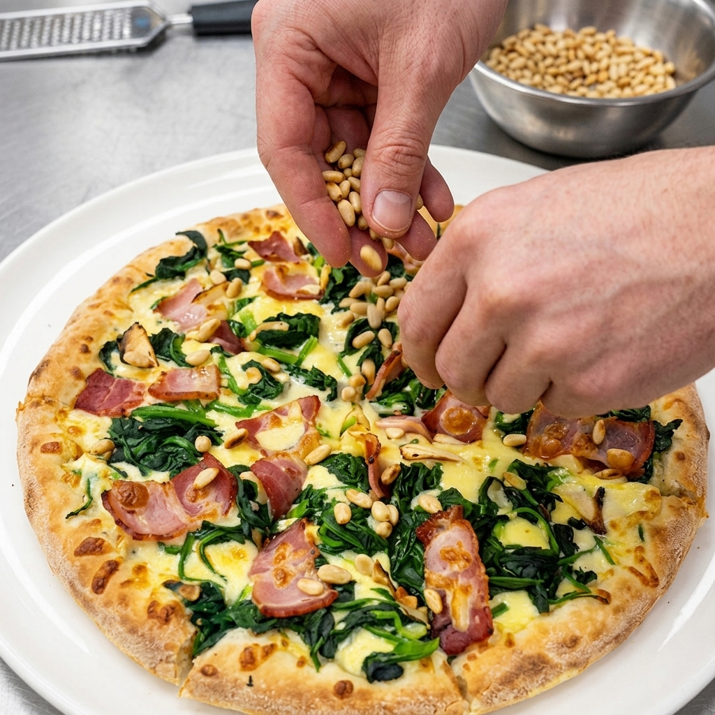 Dłonie posypujące pokrojoną pizzę prażonymi orzeszkami pinii.