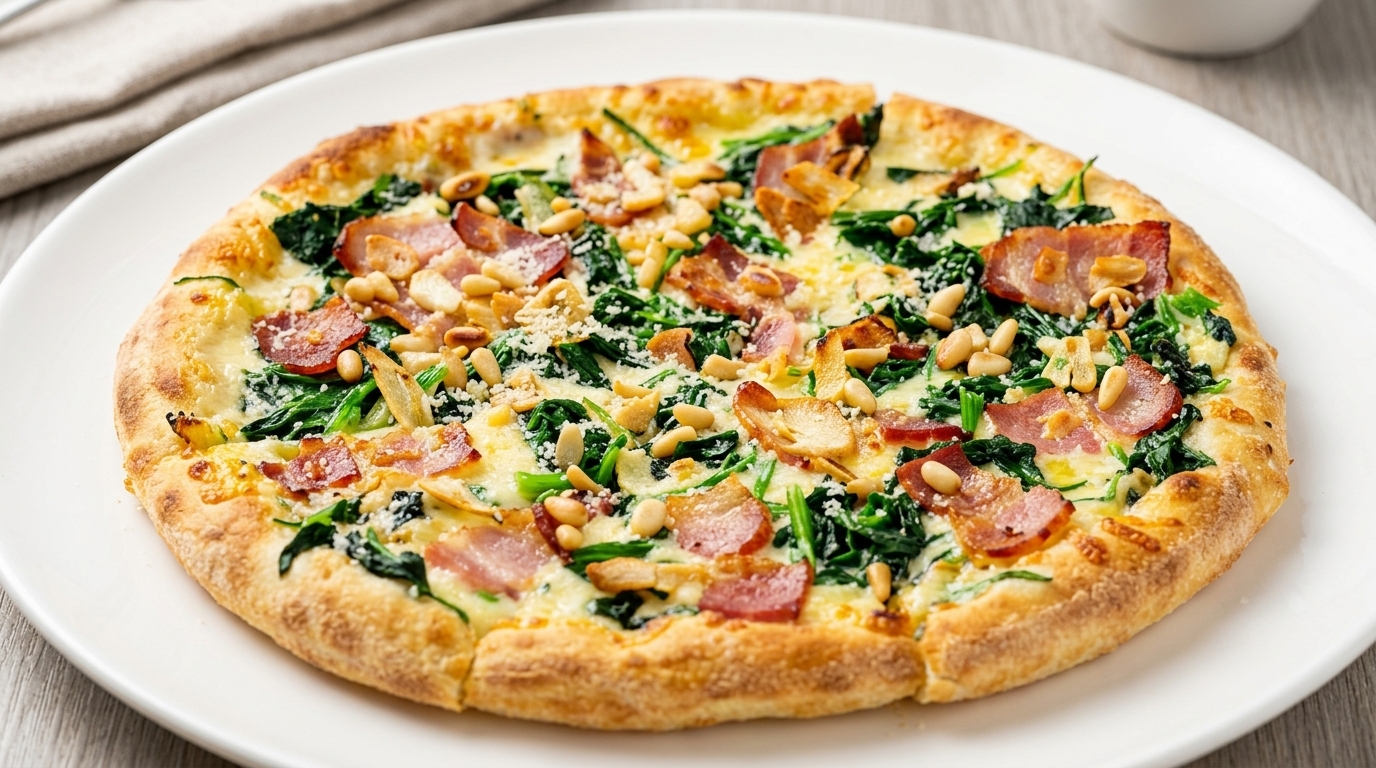 Świeżo upieczona pizza z kremowym szpinakiem, boczkiem, czosnkiem i prażonymi orzeszkami pinii.