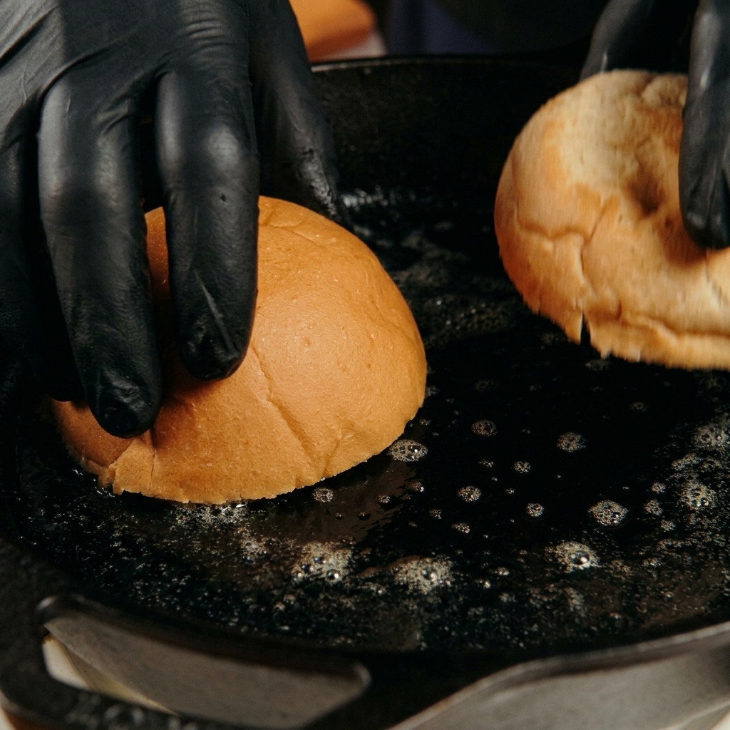 Ręce w rękawiczkach dociskające połówki bułki brioche do gorącej żeliwnej patelni z roztopionym masłem.