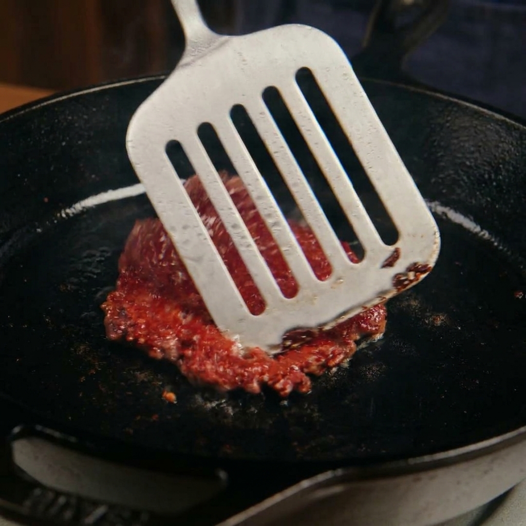 Metalowa łopatka obracająca wysmażonego burgera, ukazująca ciemnobrązową, chrupiącą skórkę.