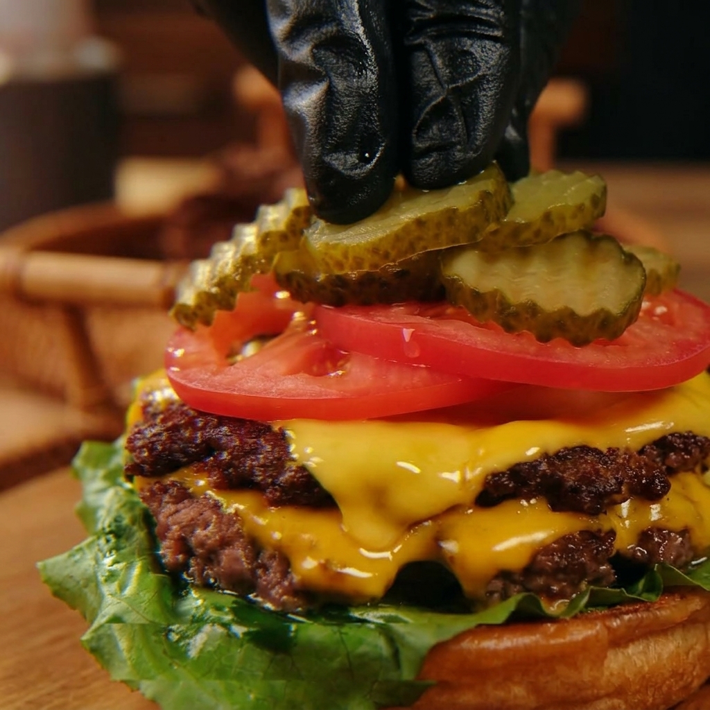 Układanie plastrów ogórka konserwowego na pomidorach w potrójnym cheeseburgerze.
