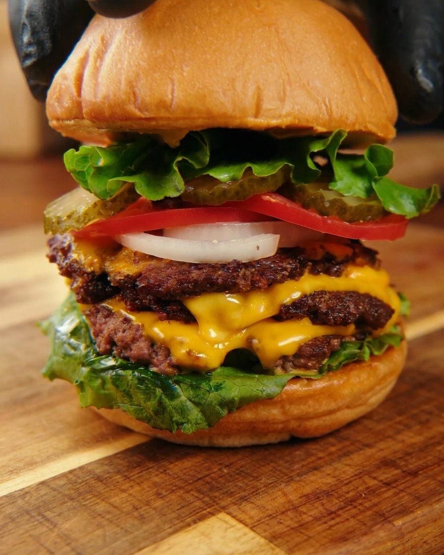 Nakładanie górnej bułki na ogromnego, gotowego triple cheeseburgera z sałatą, pomidorami i serem.