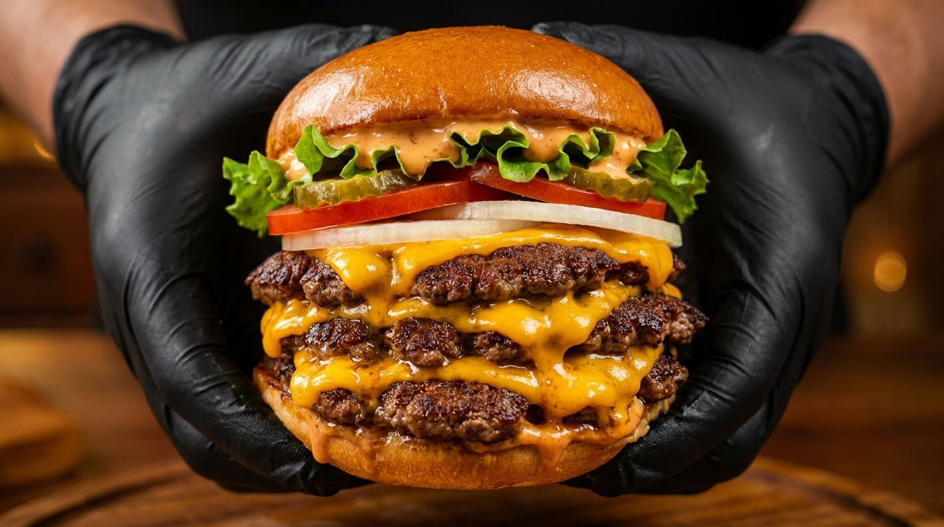 Imponujący potrójny cheeseburger z soczystymi kotletami typu smash, roztopionym serem cheddar i świeżymi dodatkami.
