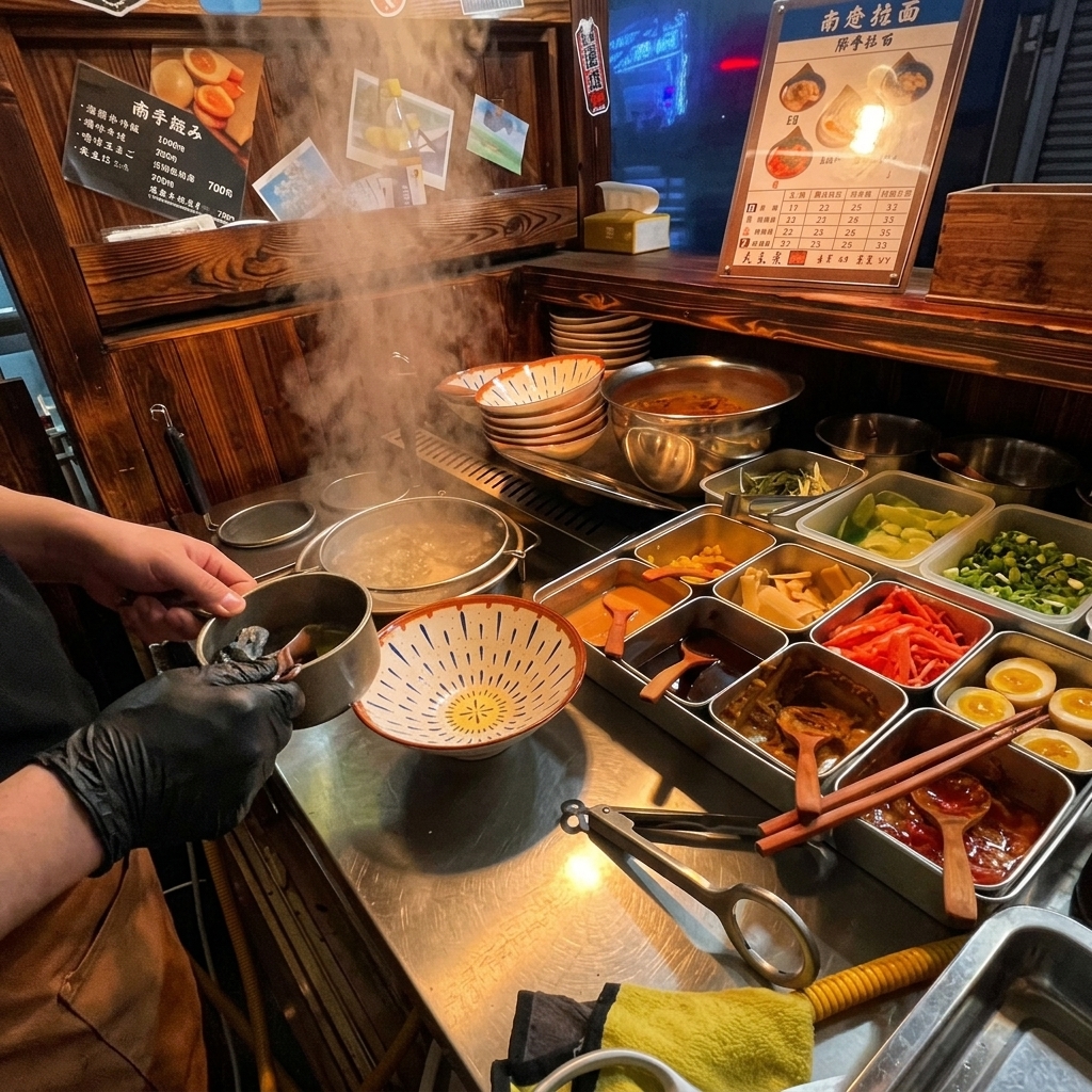 Dłoń w rękawiczce wlewa klarowny olej szczypiorkowy z małego rondelka do ceramicznej miski ramen.