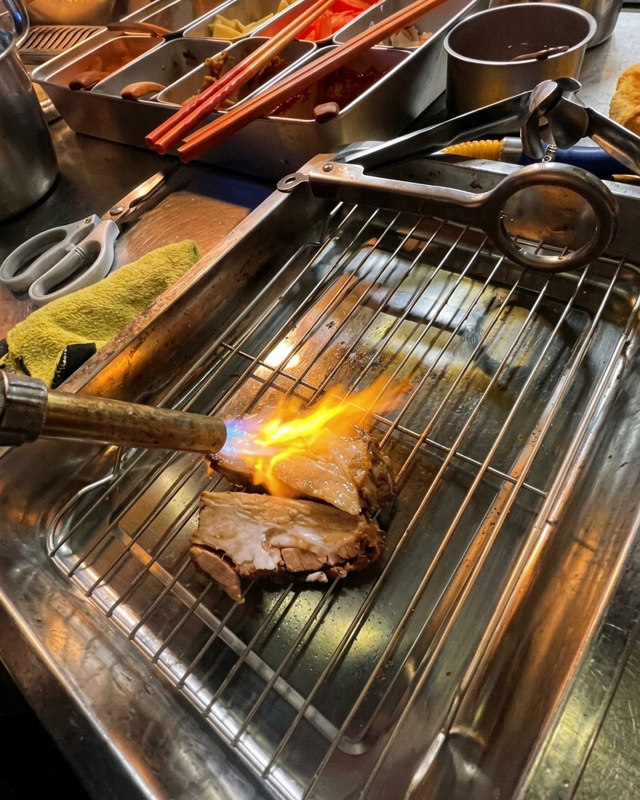 Opalanie grubych plastrów boczku chashu ręcznym palnikiem kuchennym na metalowej kratce.