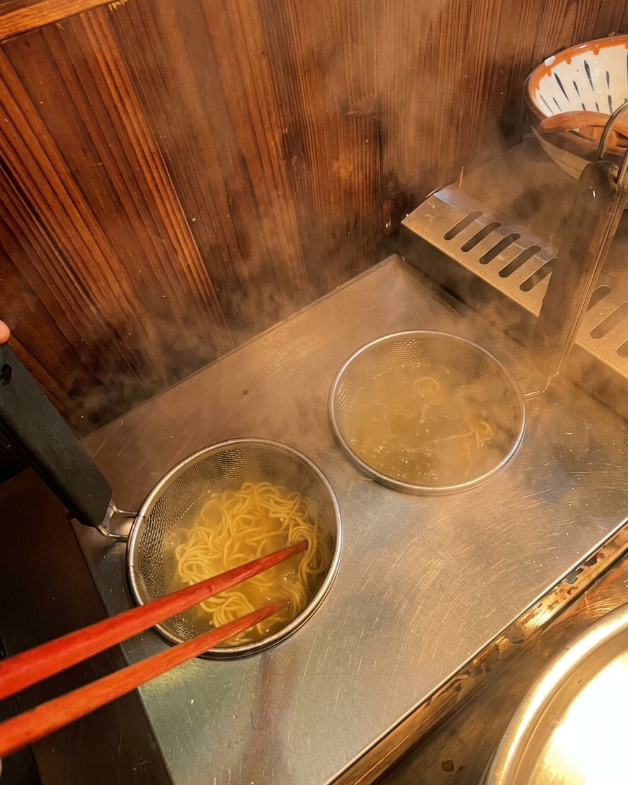 Czerwone pałeczki mieszające makaron ramen w metalowym koszyku do gotowania.