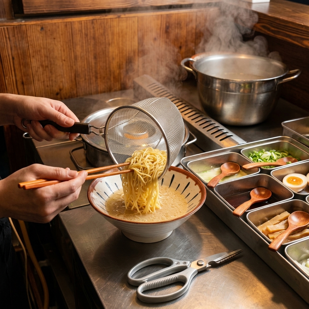Przekładanie gorącego makaronu ramen z sitka do ceramicznej miski z zupą za pomocą pałeczek.
