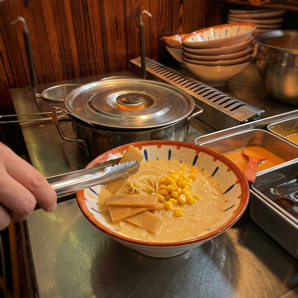 Układanie przyprawionych pędów bambusa w misce ramen za pomocą metalowych szczypiec.