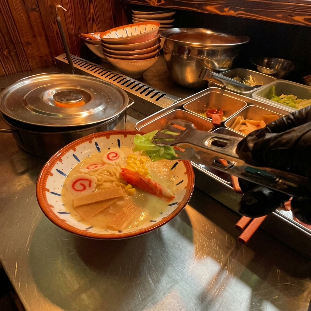 Szczypce kładące kawałek jaskrawozielonej, gotowanej kapusty na wierzchu gotowej miski ramen.