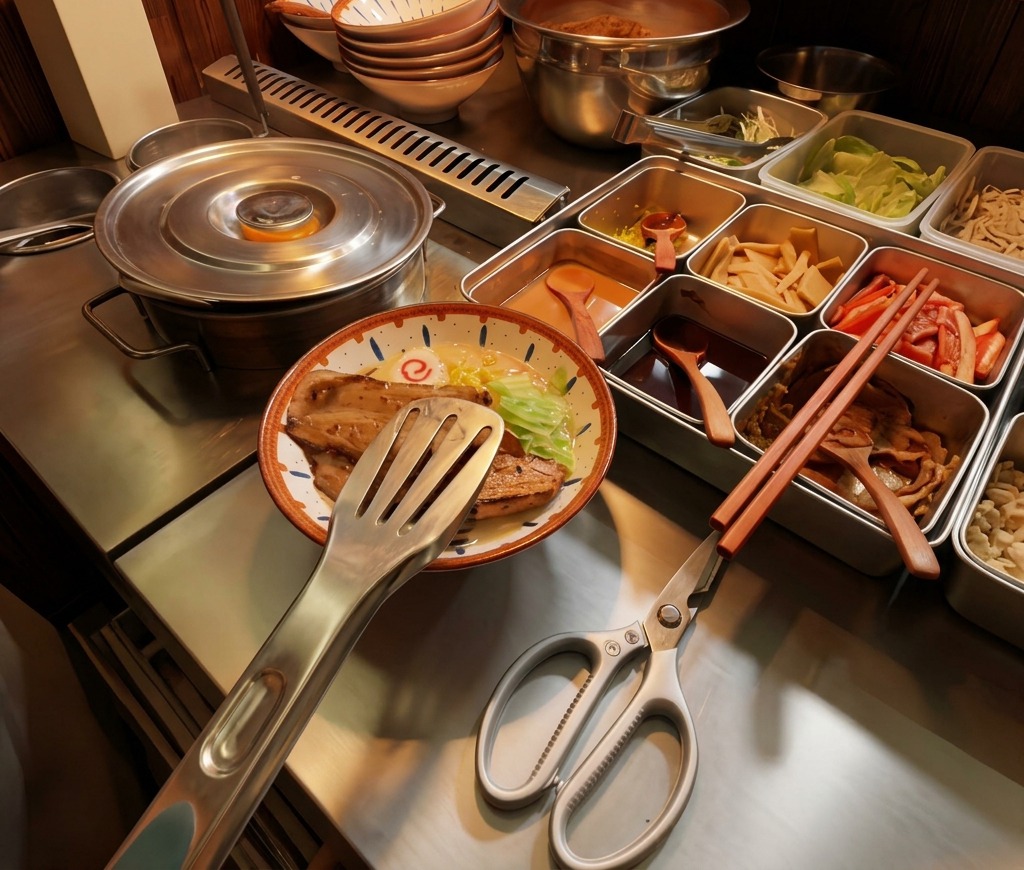 Układanie dużych, opalonych plastrów boczku chashu w misce ramen za pomocą szczypiec.