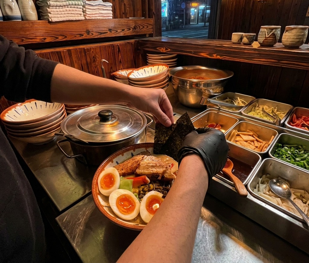 Dłonie wsuwające płatek wodorostów nori przy krawędzi gotowej miski ramen.
