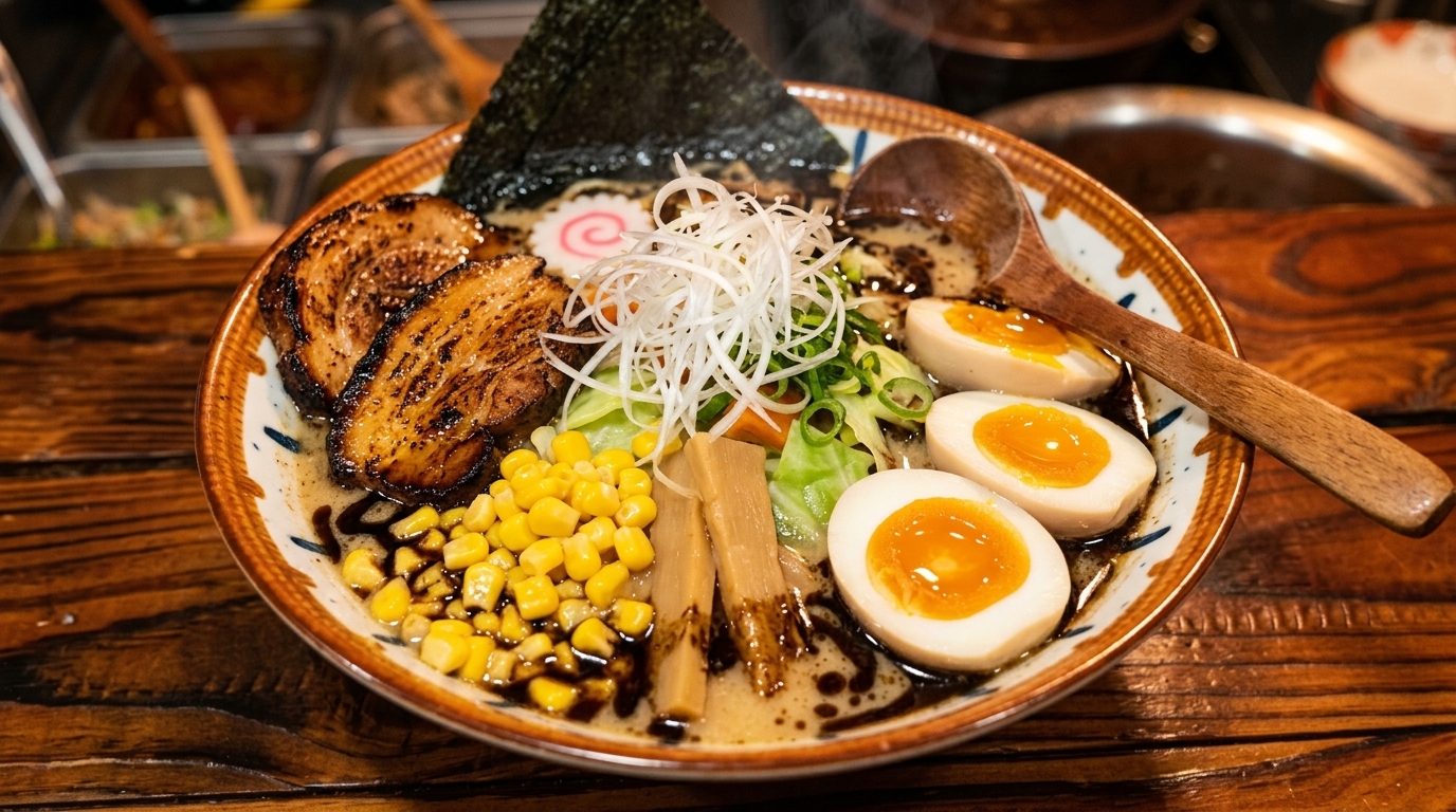Tonkotsu ramen z olejem z czarnego czosnku i grubymi plastrami chashu