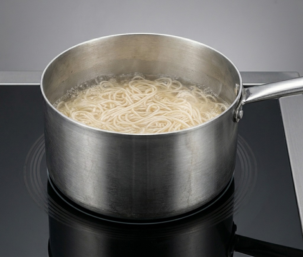 Makaron ramen gotujący się intensywnie w metalowym garnku na kuchence.