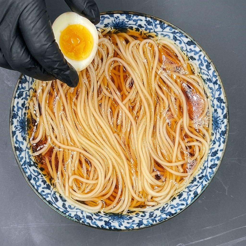 Ręka w rękawiczce kładąca połówkę jajka na miękko na makaron w ciemnym bulionie.