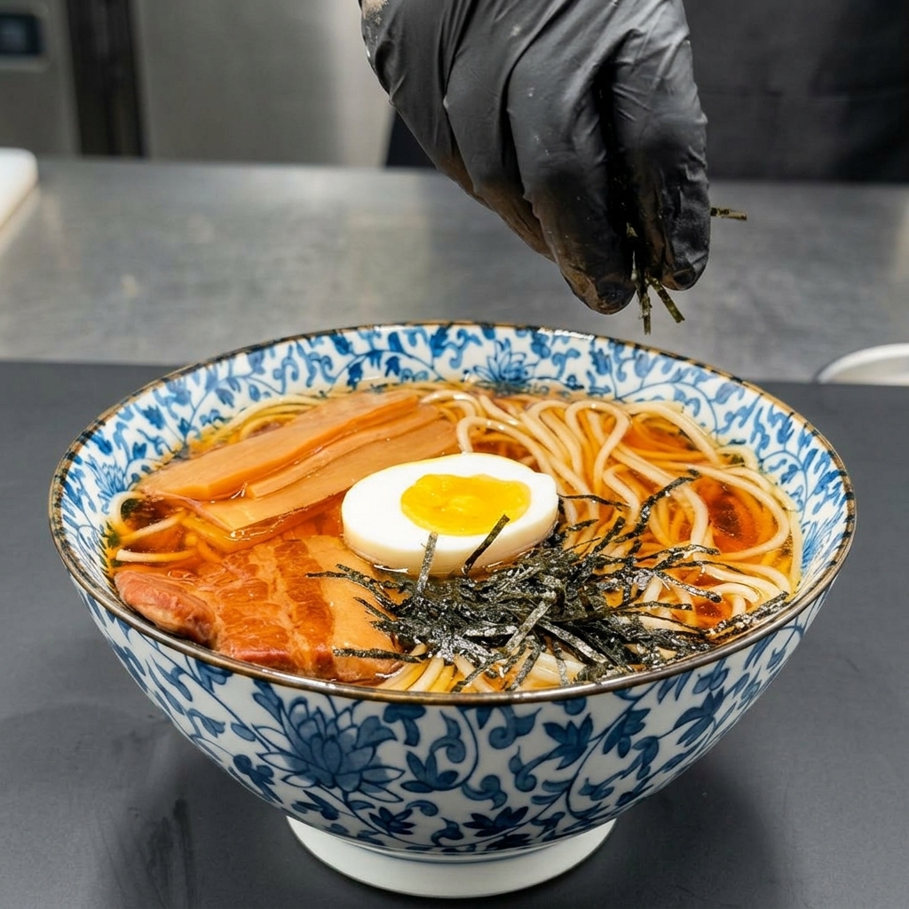 Ręka w czarnej rękawiczce posypująca gotowy ramen pociętymi wodorostami nori.