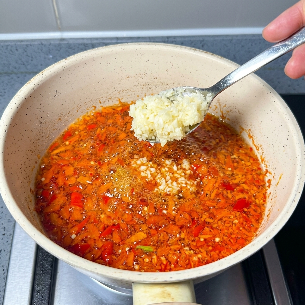 Metalowa łyżka dodająca posiekany czosnek do czerwonego, bulgoczącego oleju chili.