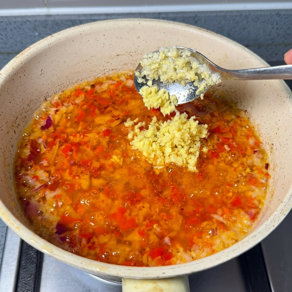 Łyżka posiekanego imbiru dodawana do mieszanki chili i cebuli na patelni.