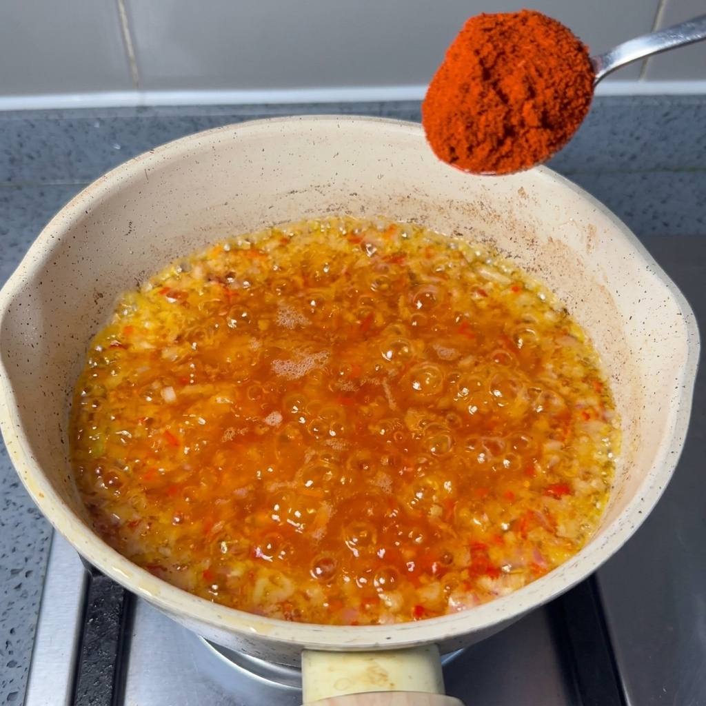 Metalowa łyżka ze sproszkowanym chili nad patelnią z aromatyczną mieszanką.