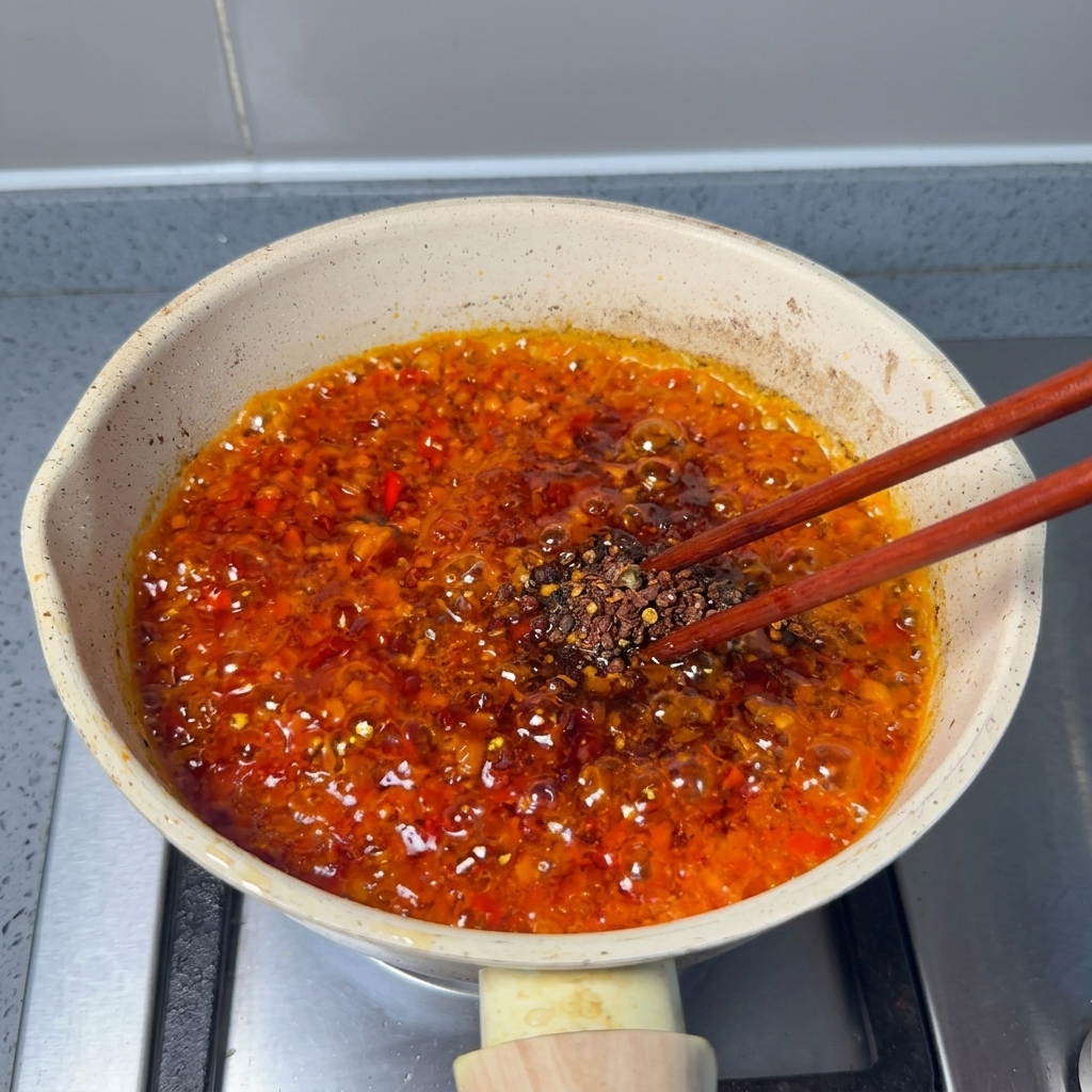 Drewniane pałeczki mieszające ciemną, gęstą pastę chili na patelni.
